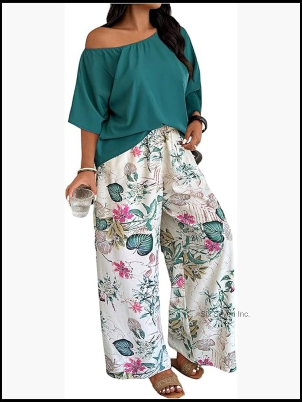 Plus Size Off Shoulder Top & Boho Print Pant Set